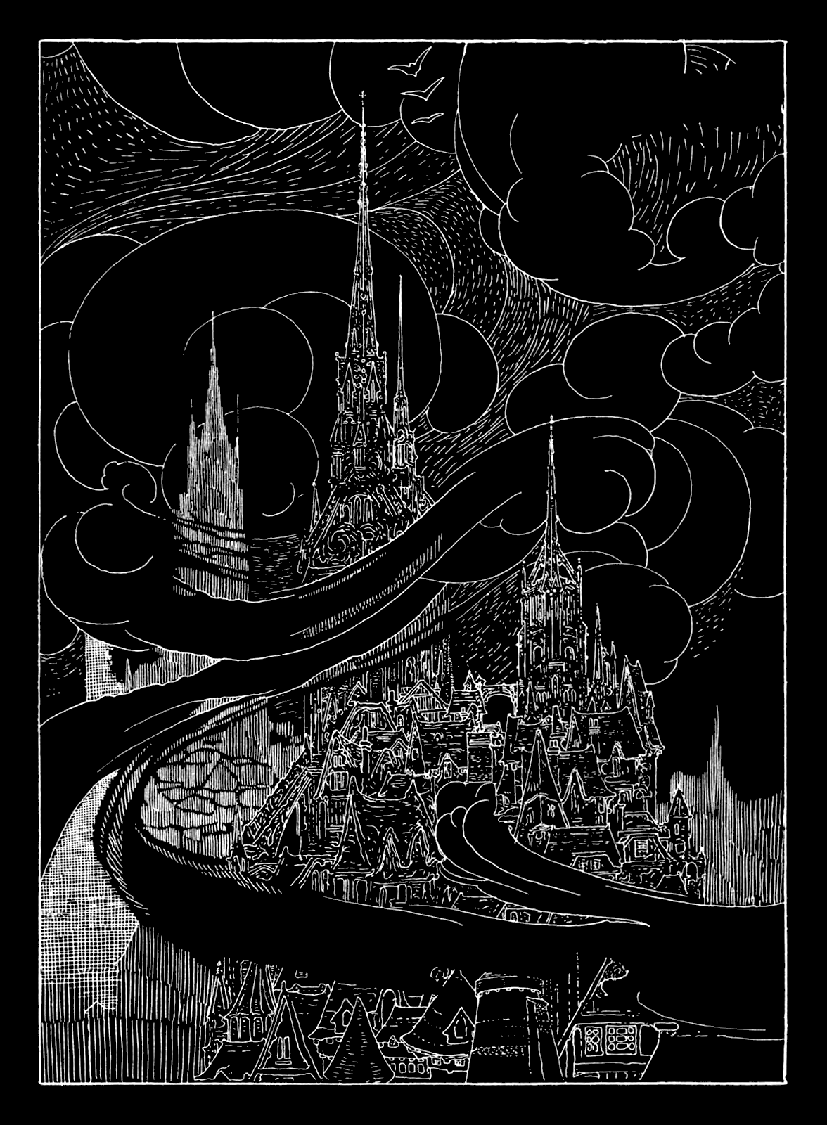 Ink illustration of a kingdom built in the clouds above an ordinary town